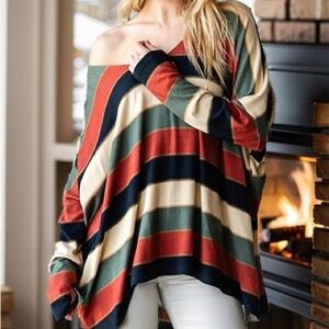 Super Soft Heimish Slouchy Dolman Sleeve Striped V-Neck Pullover Sweater-2x